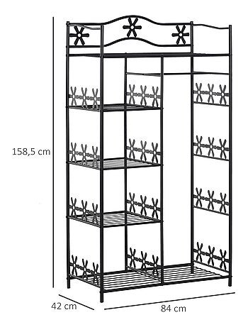 Armoire penderie multi-rangement 5 étagères métal noir 2 rideaux blanc