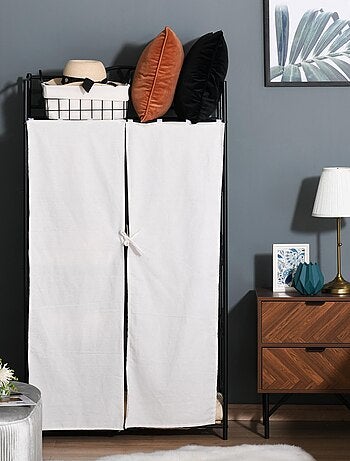 Armoire penderie multi-rangement 5 étagères métal noir 2 rideaux blanc