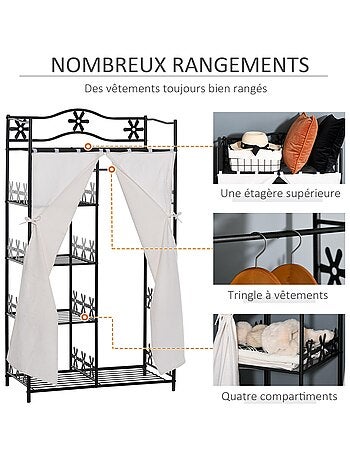 Armoire penderie multi-rangement 5 étagères métal noir 2 rideaux blanc