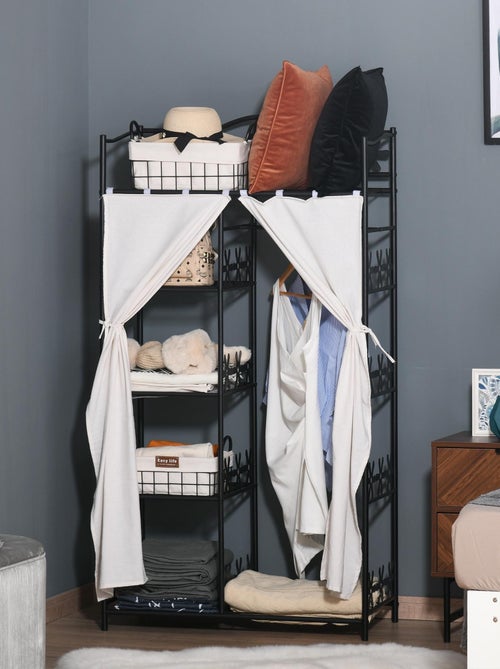 Armoire penderie multi-rangement 5 étagères métal noir 2 rideaux blanc - Kiabi