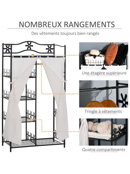 Armoire penderie multi-rangement 5 étagères métal noir 2 rideaux blanc - Kiabi