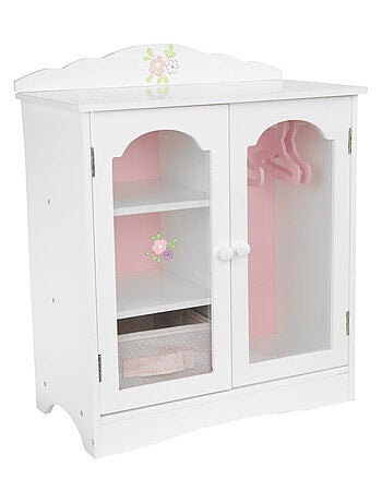 Armoire poupée bois blanc avec tiroir étagères et cintres