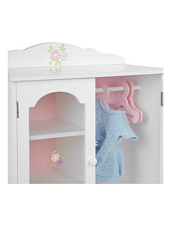 Armoire poupée bois blanc avec tiroir étagères et cintres