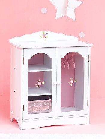 Armoire poupée bois blanc avec tiroir étagères et cintres