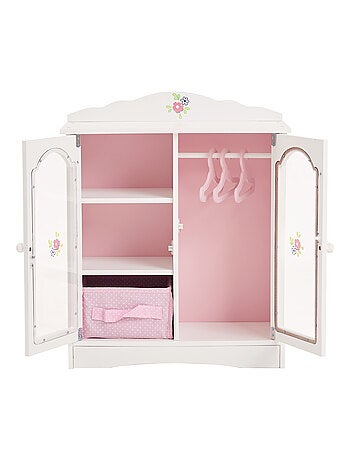 Armoire poupée bois blanc avec tiroir étagères et cintres