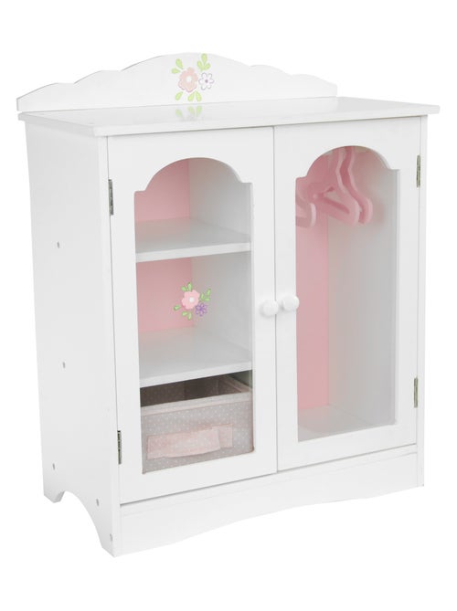 Armoire poupée bois blanc avec tiroir étagères et cintres - Kiabi