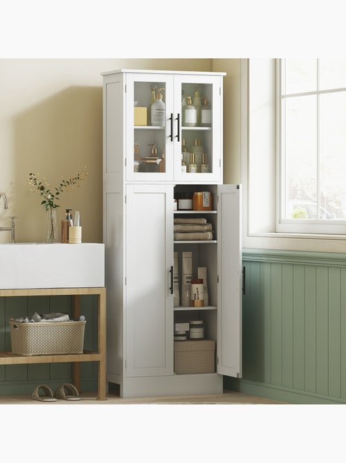 Armoire salle de bain 2 + 2 portes vitrées 4 étagères poignées métal noir - Kiabi