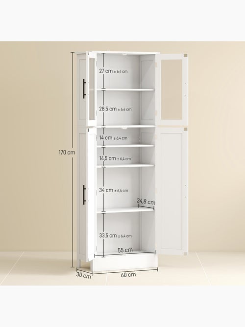 Armoire salle de bain 2 + 2 portes vitrées 4 étagères poignées métal noir - Kiabi