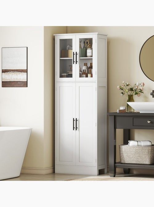 Armoire salle de bain 2 + 2 portes vitrées 4 étagères poignées métal noir - Kiabi