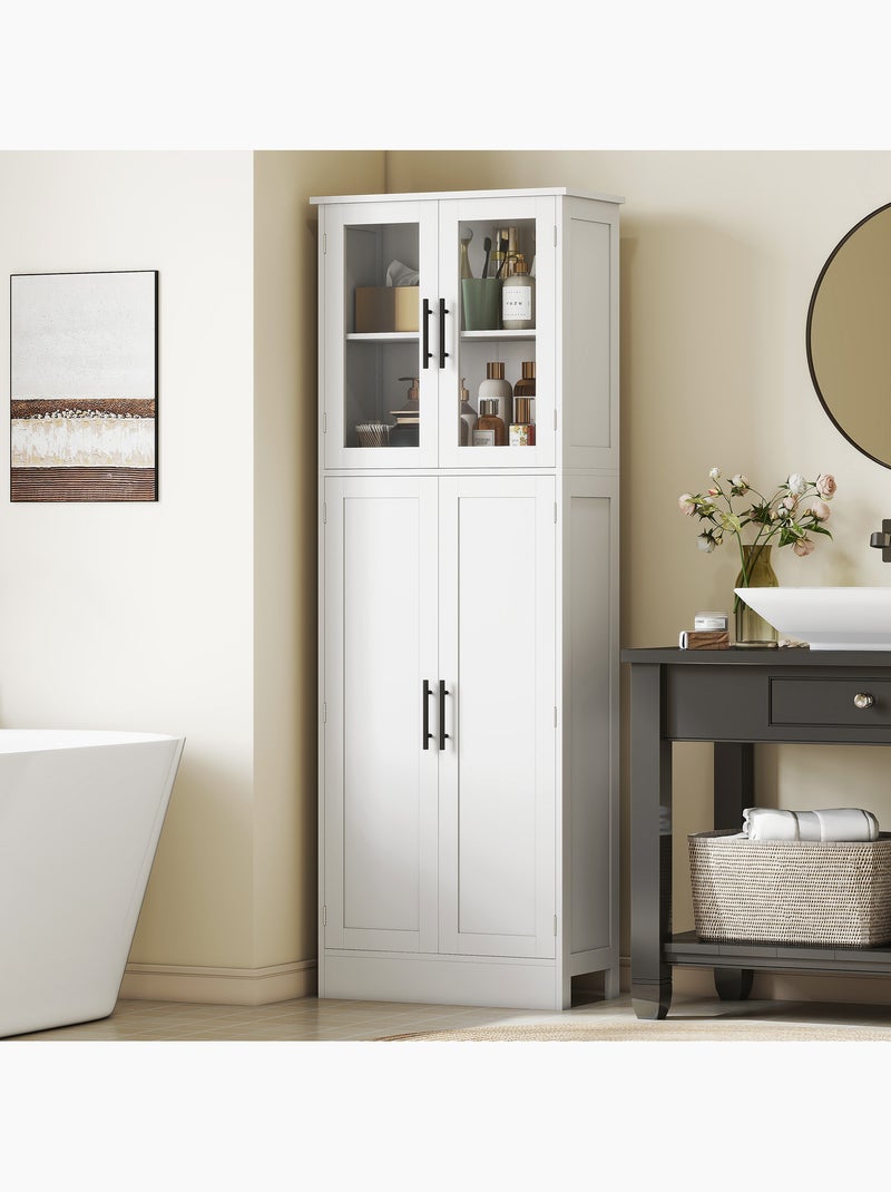 Armoire salle de bain 2 + 2 portes vitrées 4 étagères poignées métal noir Blanc Blanc - Kiabi