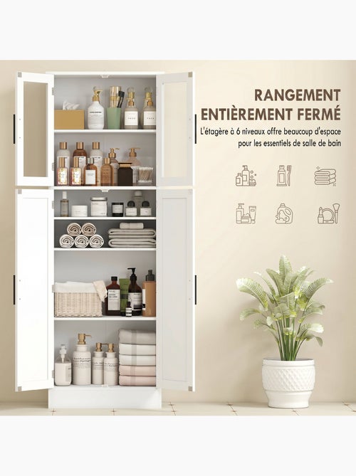 Armoire salle de bain 2 + 2 portes vitrées 4 étagères poignées métal noir - Kiabi