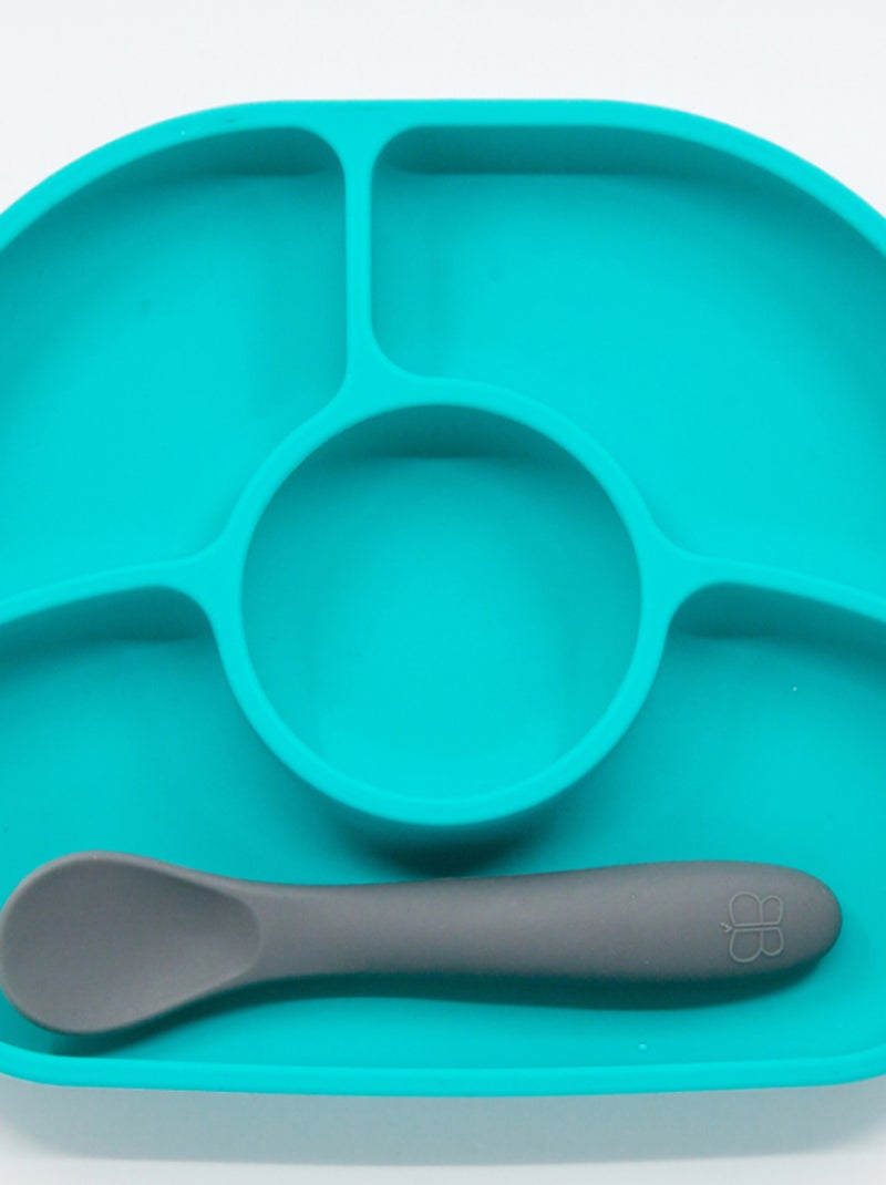 Assiette à compartiments avec ventouse et cuillère Yümi aqua Bleu - Kiabi