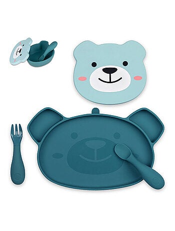 Assiette + Bol ventousés en silicone Ourson bleu