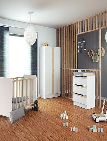 AT4 - Armoire enfant 2 portes en bois Blanc et Hêtre Verni 96 x 51 x 176 cm