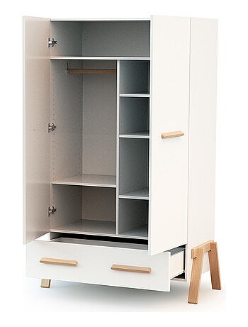 AT4 - Armoire enfant 2 portes en bois CANAILLE Blanc et Hêtre 108 x 53 x176 cm