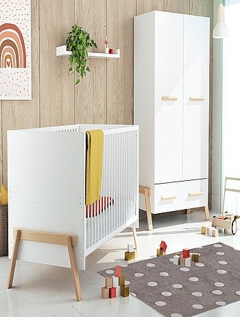 AT4 - Armoire enfant 2 portes en bois CANAILLE Blanc et Hêtre 108 x 53 x176 cm