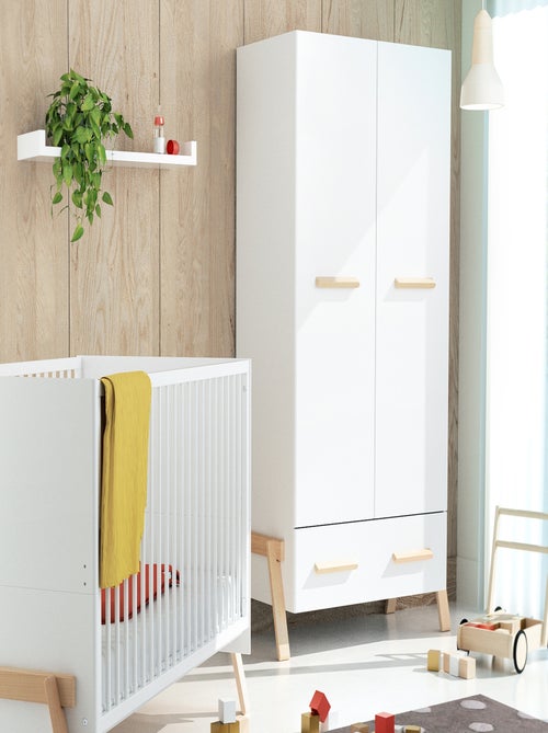 AT4 - Armoire enfant 2 portes en bois CANAILLE Blanc et Hêtre 108 x 53 x176 cm - Kiabi
