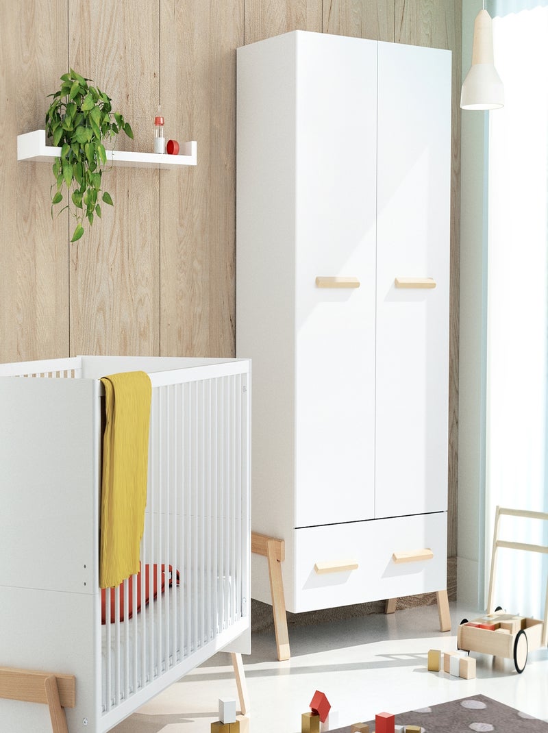 AT4 - Armoire enfant 2 portes en bois CANAILLE Blanc et Hêtre 108 x 53 x176 cm Blanc Marron - Kiabi
