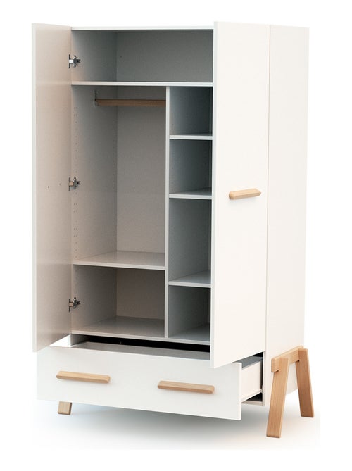 AT4 - Armoire enfant 2 portes en bois CANAILLE Blanc et Hêtre 108 x 53 x176 cm - Kiabi