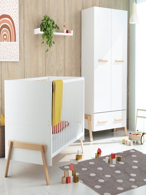 AT4 - Armoire enfant 2 portes en bois CANAILLE Blanc et Hêtre 108 x 53 x176 cm - Kiabi