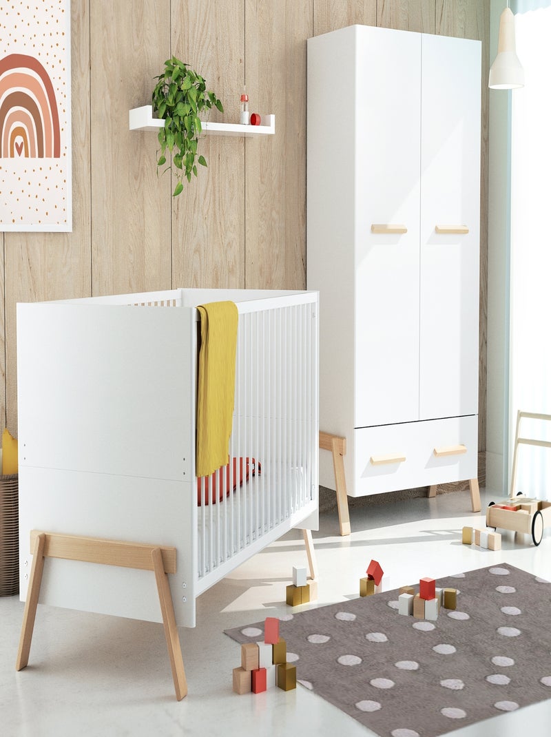 AT4 - Armoire enfant 2 portes en bois CANAILLE Blanc et Hêtre 108 x 53 x176 cm Blanc Marron - Kiabi