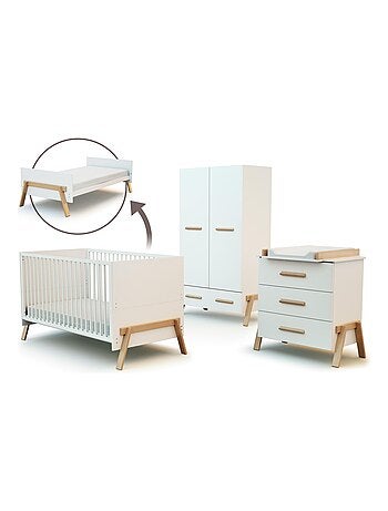 AT4 - Chambre bébé lit, commode à langer 3 Tiroirs + armoire en bois