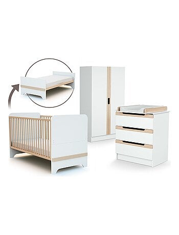 AT4 - Chambre bébé lit, commode à langer et armoire Blanc et Hêtre Verni