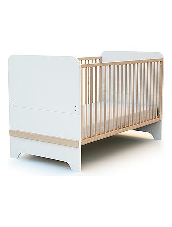 AT4 - Chambre bébé lit, commode à langer et armoire Blanc et Hêtre Verni