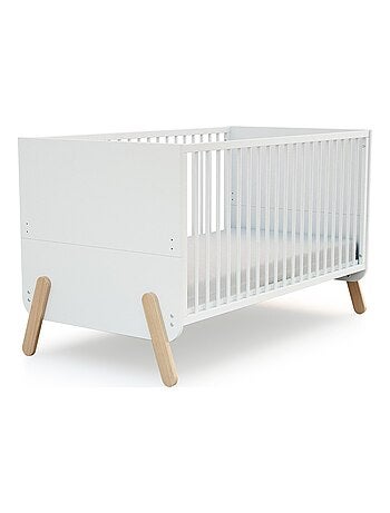 AT4 - Chambre bébé lit, commode à langer et armoire Blanc et Hêtre Verni