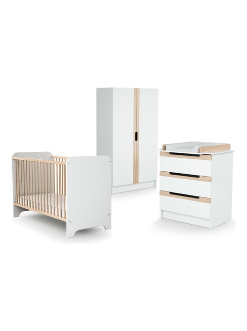 AT4 - Chambre bébé lit, commode à langer et armoire Blanc et Hêtre Verni - Kiabi AT4 - Chambre bébé lit, commode à langer et armoire Blanc et Hêtre Verni - Kiabi