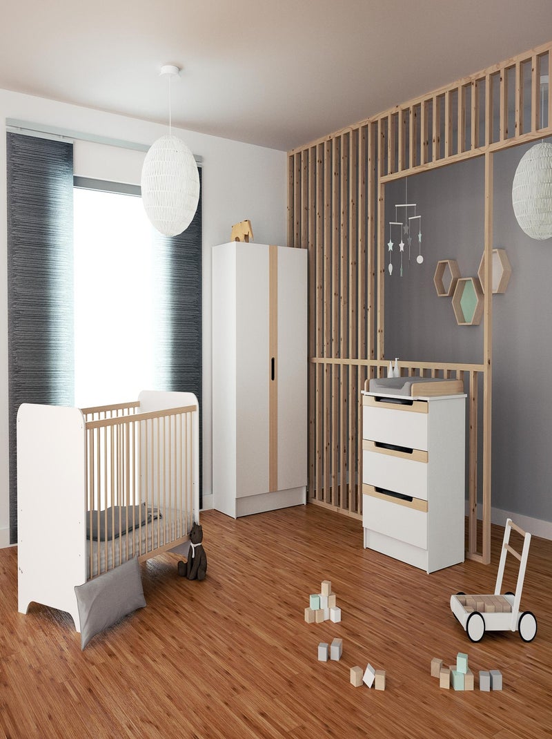 AT4 - Chambre bébé lit, commode à langer et armoire Blanc et Hêtre Verni Beige/Blanc - Kiabi