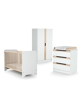 AT4 - Chambre bébé lit, commode à langer et armoire Blanc et Hêtre Verni Carrousel