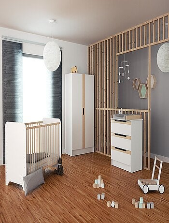 AT4 - Chambre bébé lit, commode à langer et armoire Blanc et Hêtre Verni Carrousel