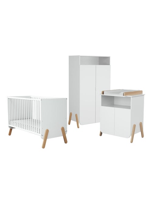 AT4 - Chambre bébé lit, meuble à langer et armoire Blanc et Hêtre Verni - Kiabi