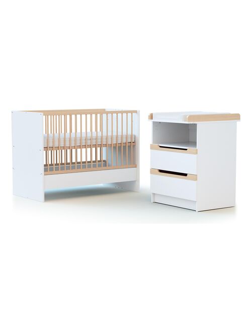AT4 -  Combiné lit bébé évolutif Carrousel en bois Blanc et Hêtre 60 x 120 cm - Kiabi