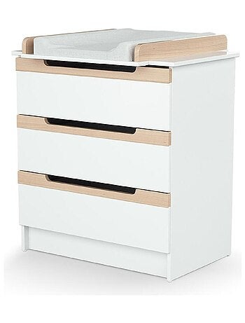 At4 - commode à langer 3 tiroirs en bois carrousel blanc et hêtre verni