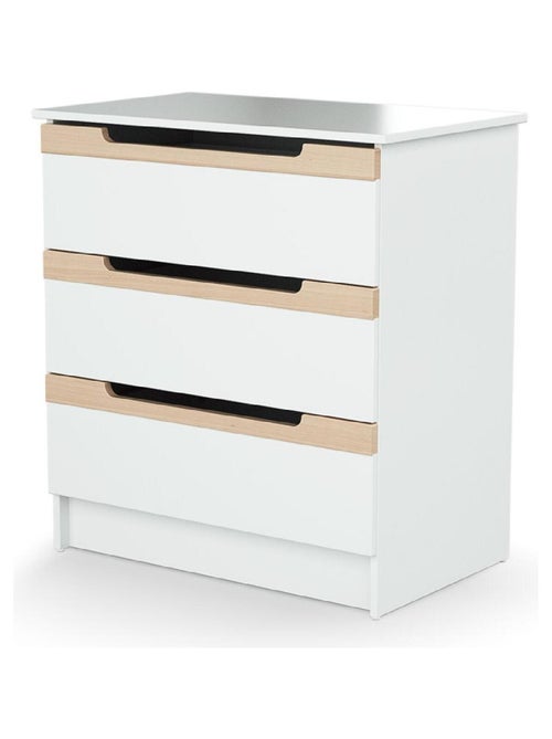 AT4 - Commode à langer 3 tiroirs en bois CARROUSEL Blanc et Hêtre Verni - Kiabi