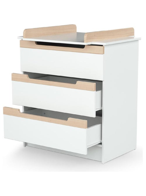 AT4 - Commode à langer 3 tiroirs en bois CARROUSEL Blanc et Hêtre Verni - Kiabi