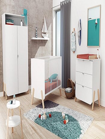 AT4 - Commode à langer 3 tiroirs en bois PIRATE Blanc et Hêtre
