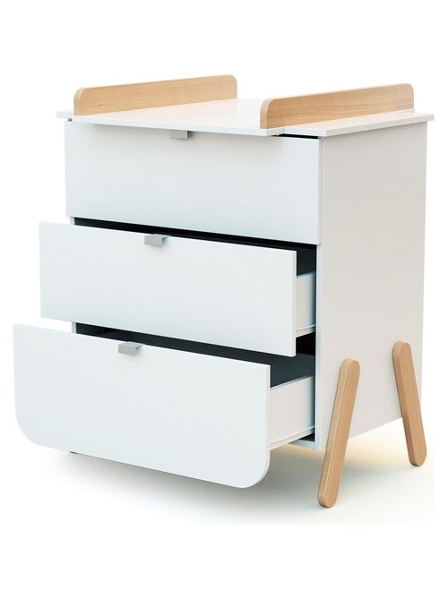 AT4 - Commode à langer 3 tiroirs en bois PIRATE Blanc et Hêtre - Kiabi AT4 - Commode à langer 3 tiroirs en bois PIRATE Blanc et Hêtre - Kiabi
