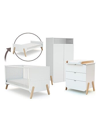 AT4 - Lit bébé évolutif, commode à langer et armoire Blanc Hêtre Verni