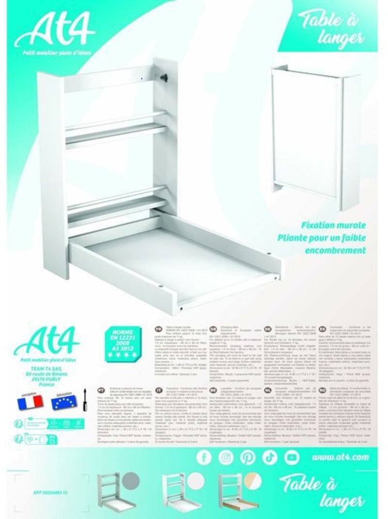 At4 - table à langer murale rabattable en bois eazy Blanc - Kiabi