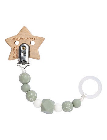 Attache sucette Bois/Silicone Little Universe Étoile olive