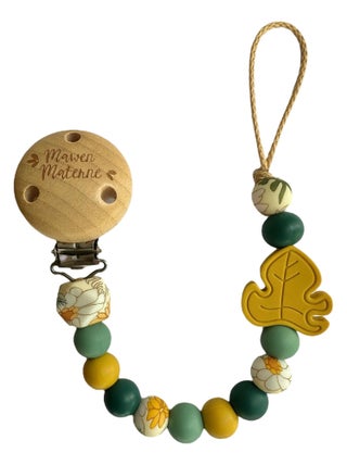 Attache tétine bois et silicone 'Feuille Fleurs des champs'