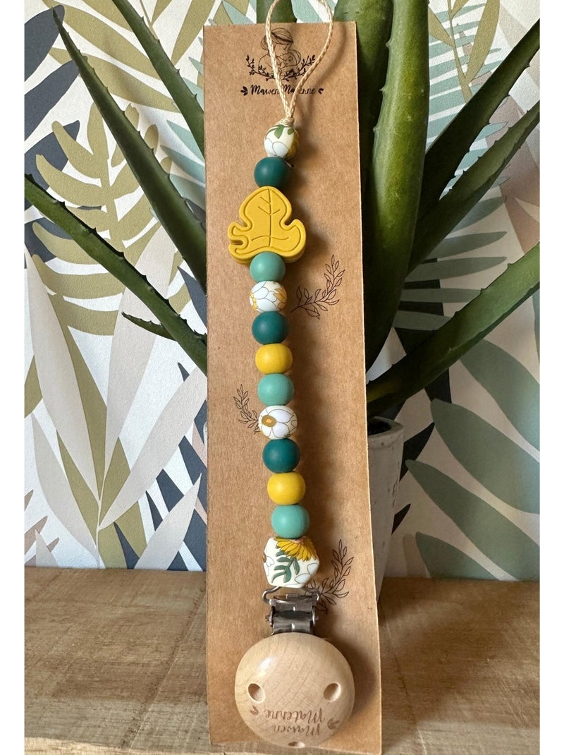 Attache tétine bois et silicone 'Feuille Fleurs des champs' Vert - Kiabi