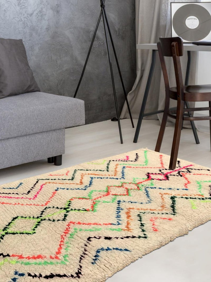 Authentique tapis berbère fait à la main en laine motif ethnic AZILAL 2 Ecru - Kiabi