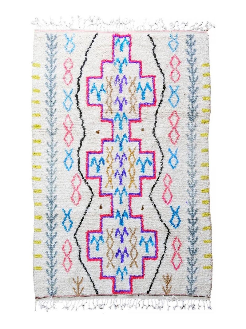 Authentique tapis berbère fait à la main en laine motif ethnic AZILAL 9 Ecru - Kiabi