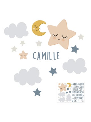 Autocollant Mural pour enfants avec prénom lune et étoiles