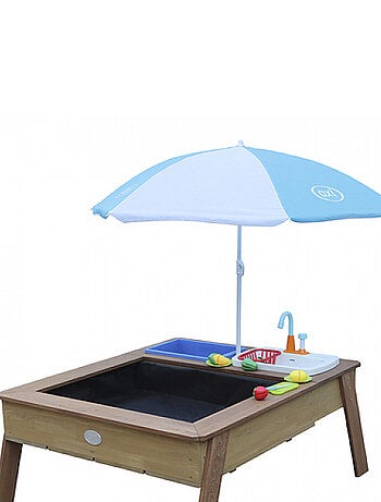 AXI Linda Table sable et eau avec Cuisine et evier Marron Parasol Bleu Blanc