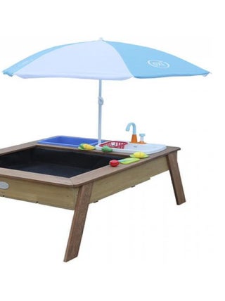 Axi Linda Table Sable Et Eau Avec Cuisine Et Evier Marron Parasol Bleu Blanc